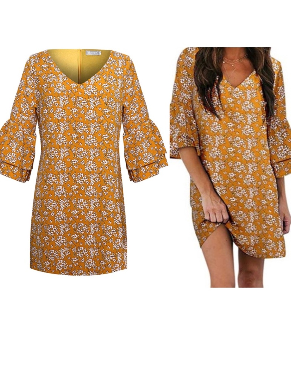 Belongsci Floral Print Bell Sleeve Shift Dress